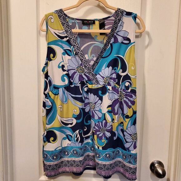 Floral Purple/Teal/White Bling Stretchy Sleeveless top XL - Picture 1 of 4
